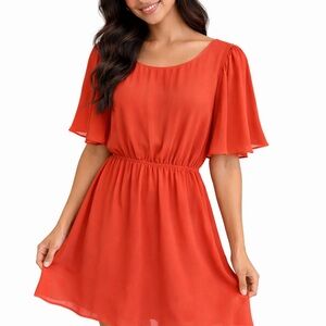 XXI Coral Chiffon Dress Flowy Mini Flutter Sleeve Size M